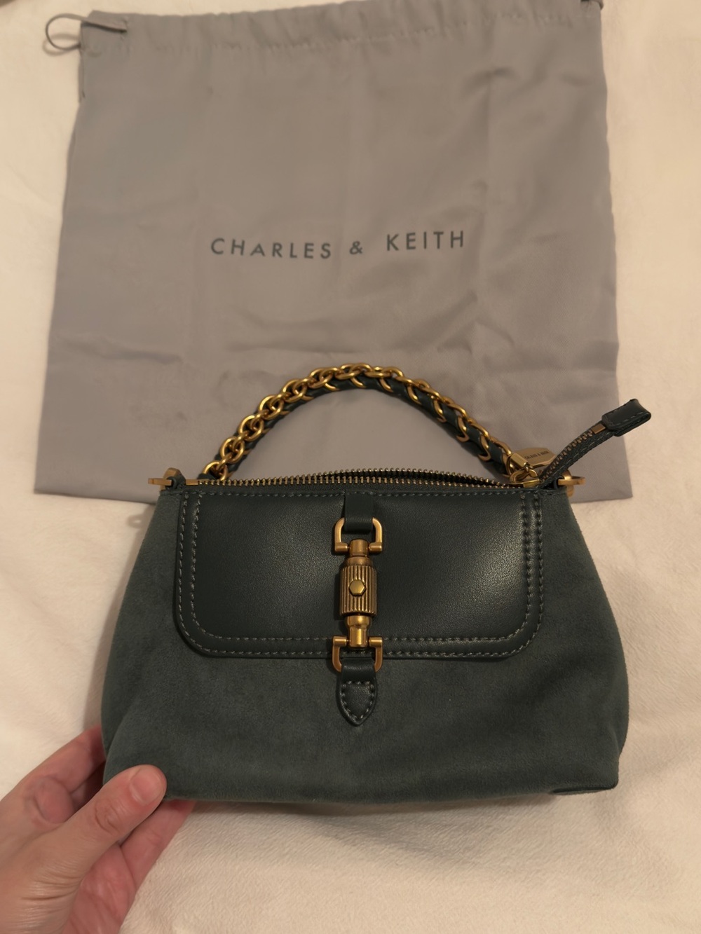 Charles & Keith Bottle Green Leather Crossbody Bag with Gold Hardware